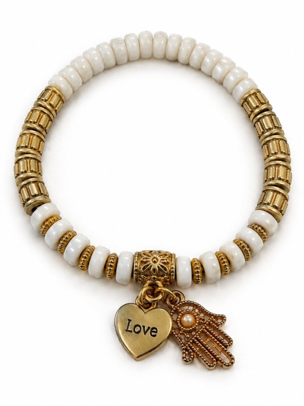 Hamsa Love Heart Charm White Gold Tone Beaded Stretch Bracelet